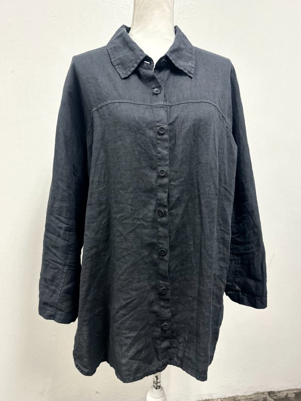 Flax Pure Linen Long Sleeve Shirt Dress Midi Length Size Medium